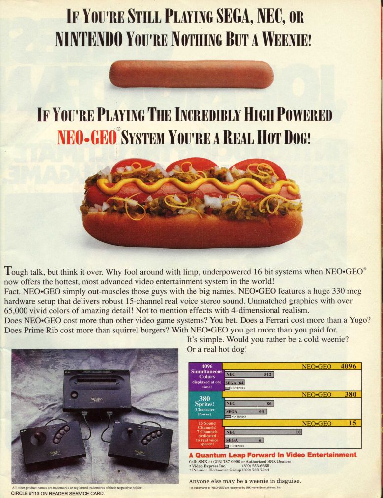 Publicité américaine pour la Neo Geo, comparant un hot dog Neo Geo et une pauvre saucisse SEGA/Nintendo/NEC